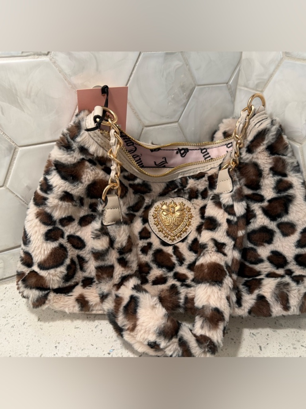 Juicy Couture Snow Leopard Love Fur Shoulder Bag Gold Trim NEW Fur Heart Charm - Picture 4 of 12
